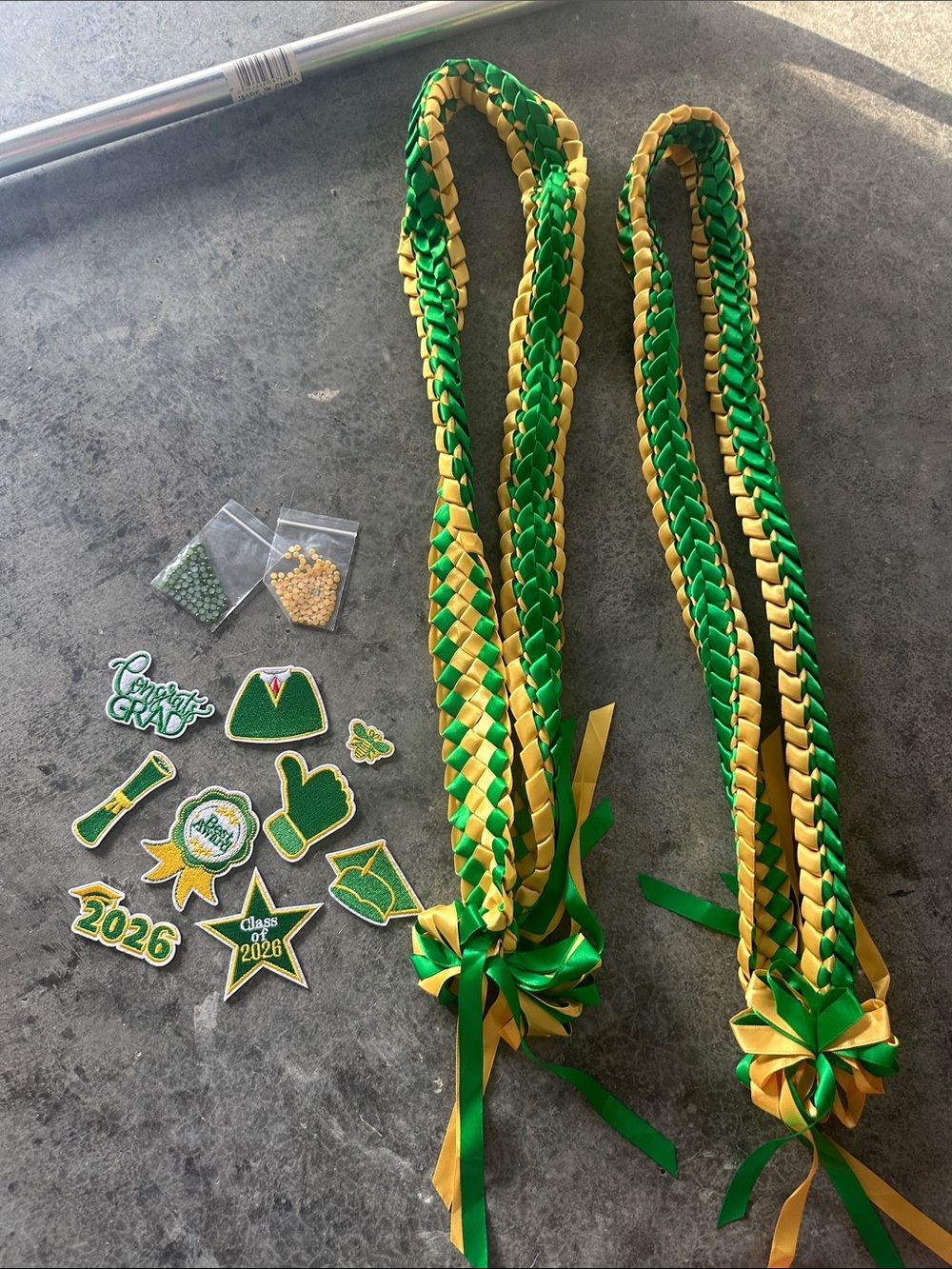 Green & Gold Graduation Satin Lei Set with Patches & Beads